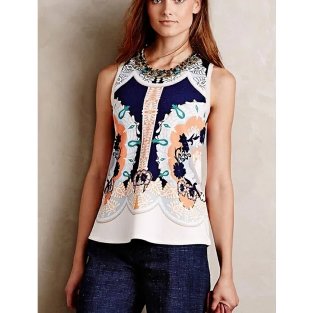 Anthropologie Postmark Anzere Mosaic Print Tank Top XL Blue White Orange Blouse